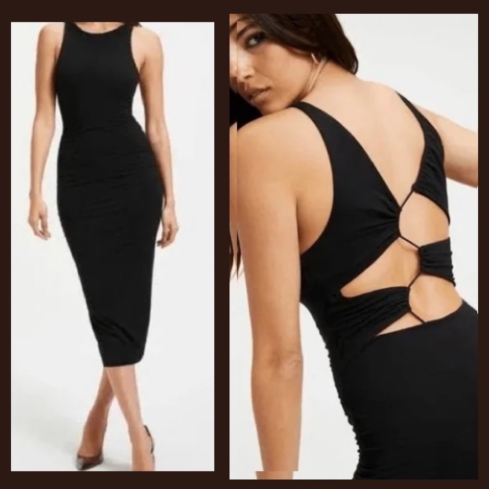 Good American Plunged Back Strap Midi Dress Black Sz 7 (4X) MSRP $130